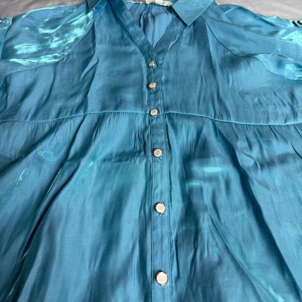Umgee Blue Shimmer Button Front High Low Shirt Dress Women's M - Picture 6 of 11